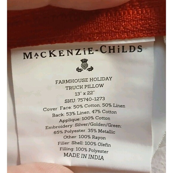 MacKenzie-Childs Farmhouse Holiday Truck Pillow Cotton/Linen Applique Embroidery - Picture 14 of 16